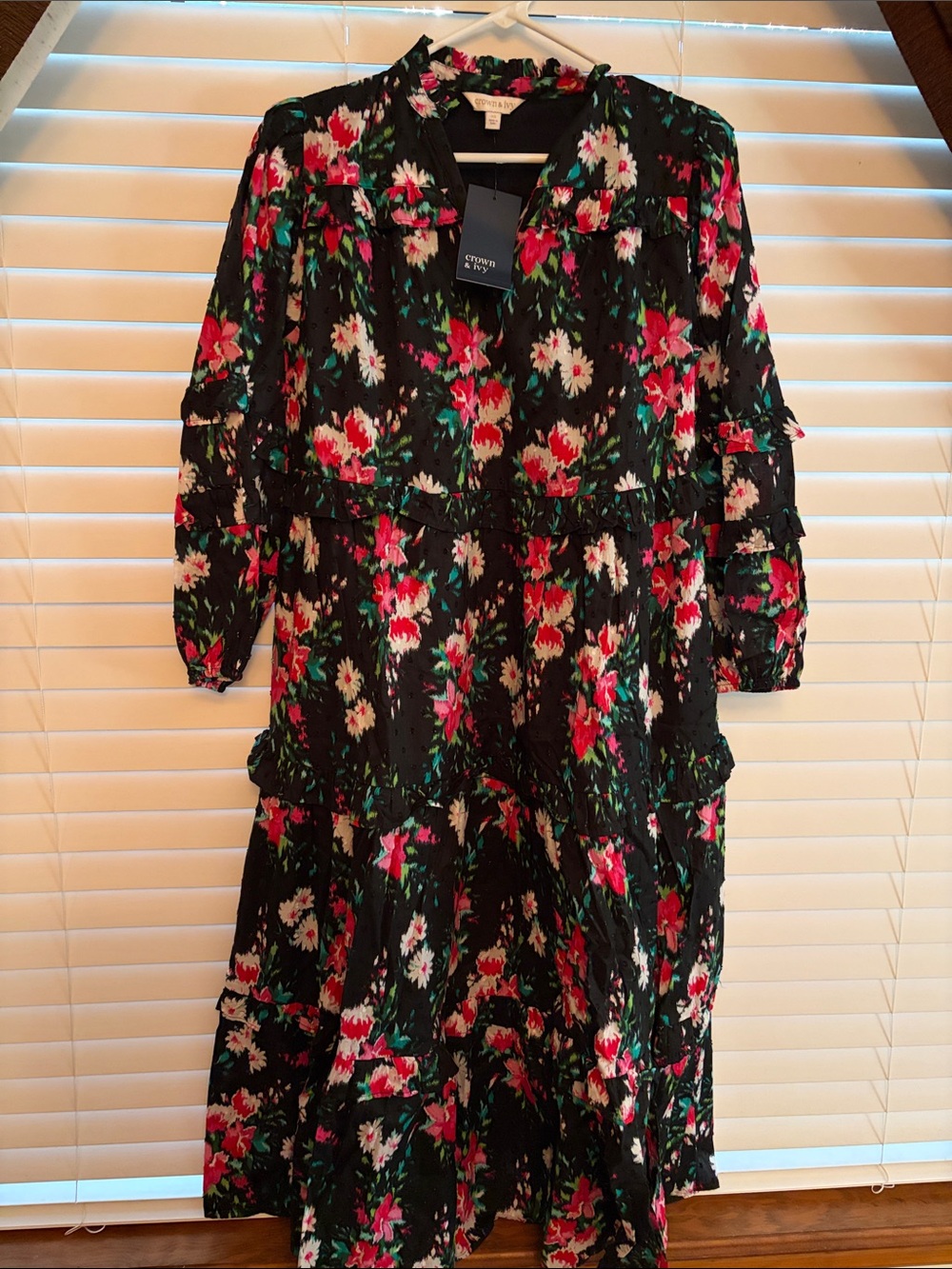 crown & ivy Black Floral Ruffle Maxi Dress with Pink & Teal Accents pockets!